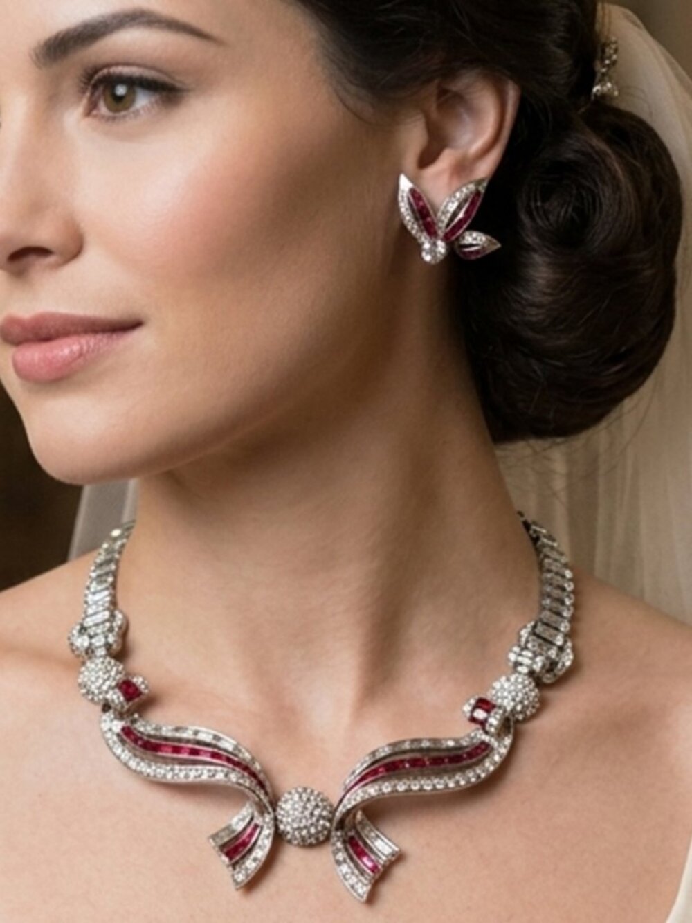 BOUCHER diamante and red rhinestone necklace and earrings